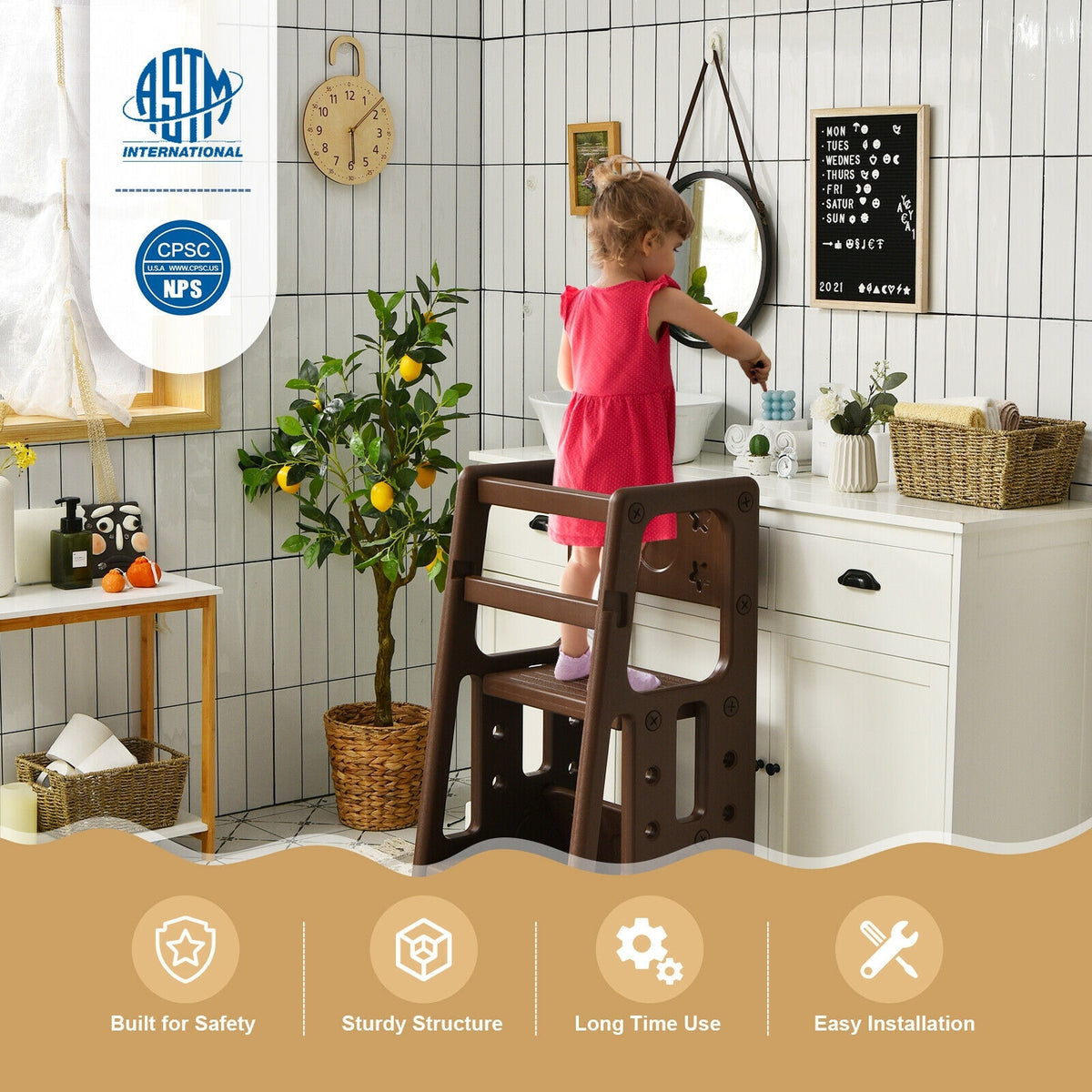 Kids Kitchen Step Stool with Double Safety Rails -Brown-Toddler & Kids Furniture-DECOROLALA