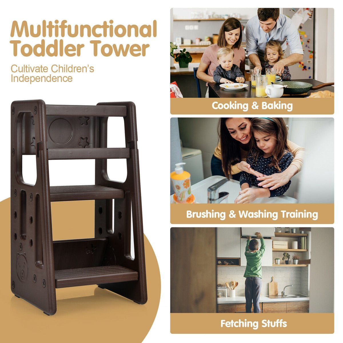Kids Kitchen Step Stool with Double Safety Rails -Brown-Toddler & Kids Furniture-DECOROLALA
