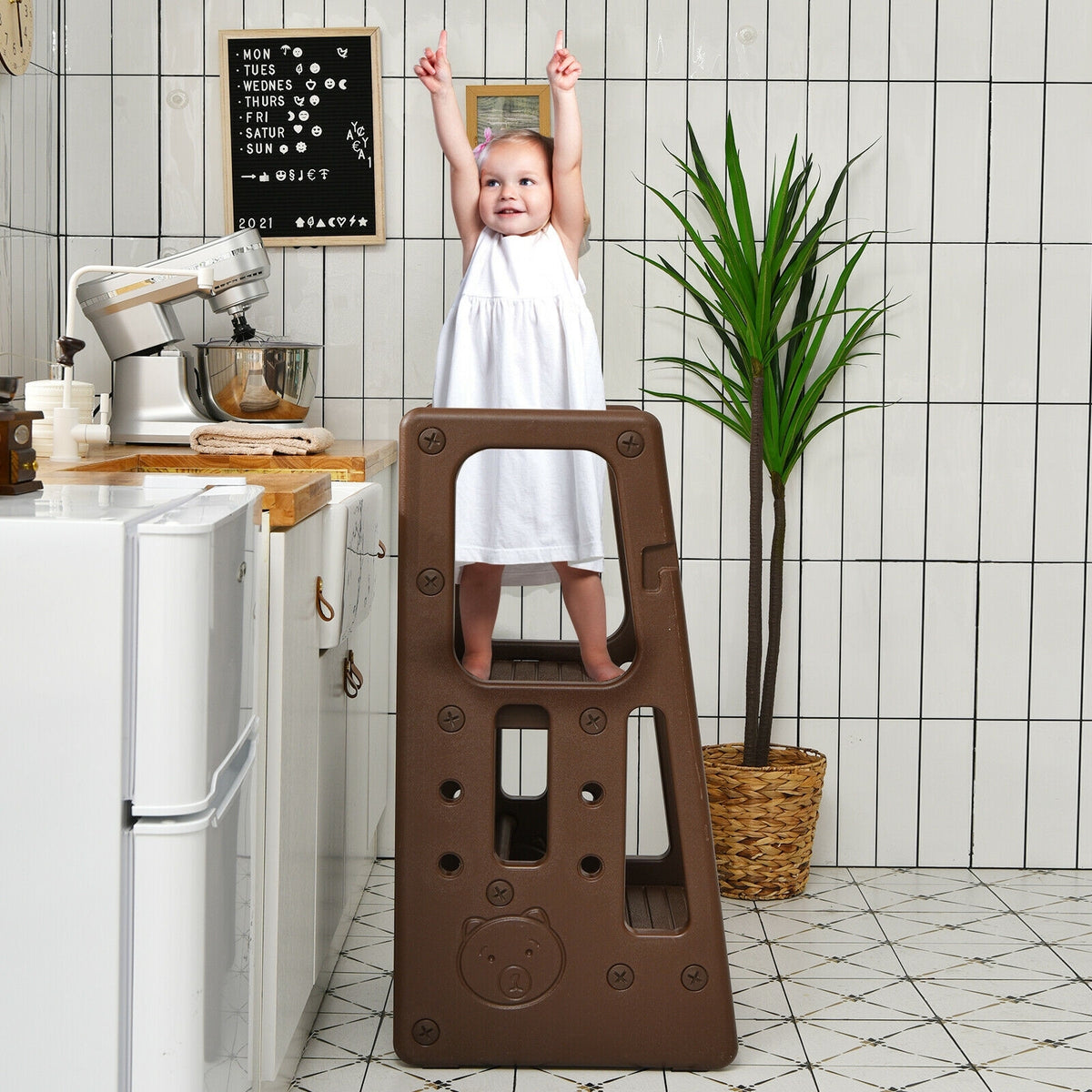 Kids Kitchen Step Stool with Double Safety Rails -Brown-Toddler & Kids Furniture-DECOROLALA