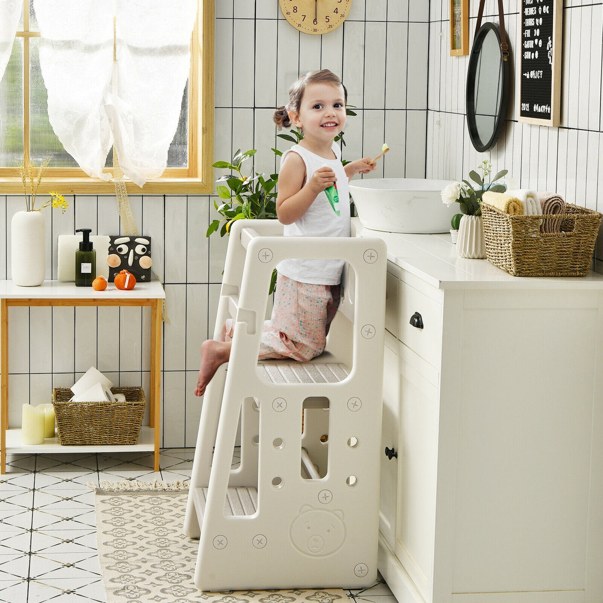 Kids Kitchen Step Stool with Double Safety Rails -Gray-Toddler & Kids Furniture-DECOROLALA