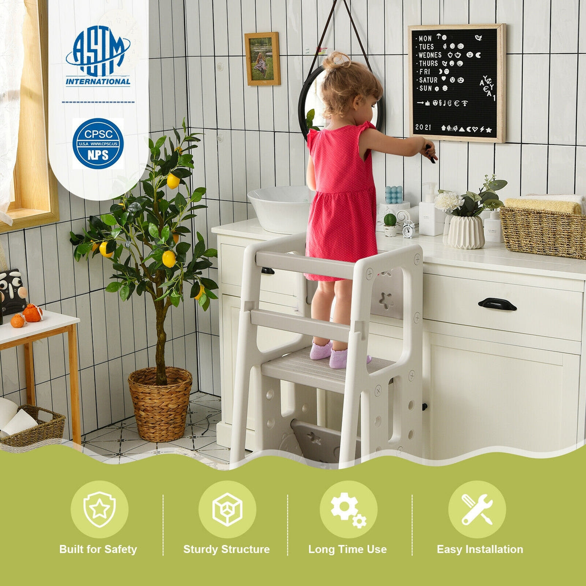Kids Kitchen Step Stool with Double Safety Rails -Gray-Toddler & Kids Furniture-DECOROLALA