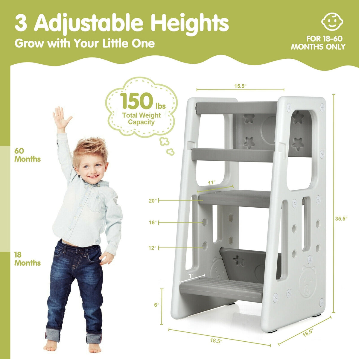 Kids Kitchen Step Stool with Double Safety Rails -Gray-Toddler & Kids Furniture-DECOROLALA
