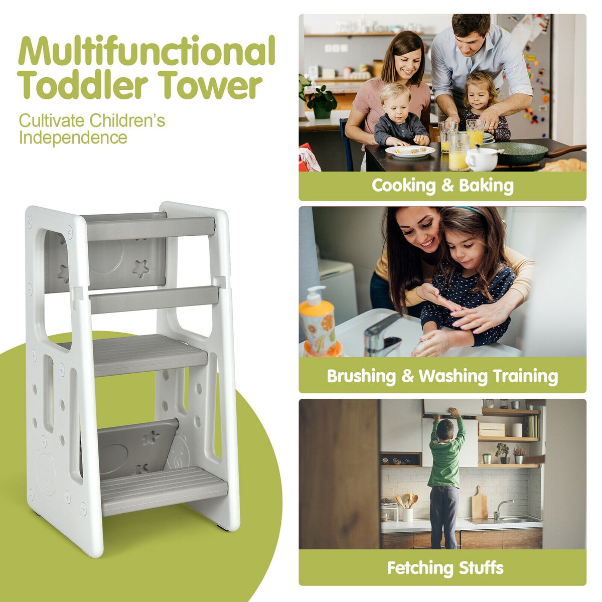 Kids Kitchen Step Stool with Double Safety Rails -Gray-Toddler & Kids Furniture-DECOROLALA