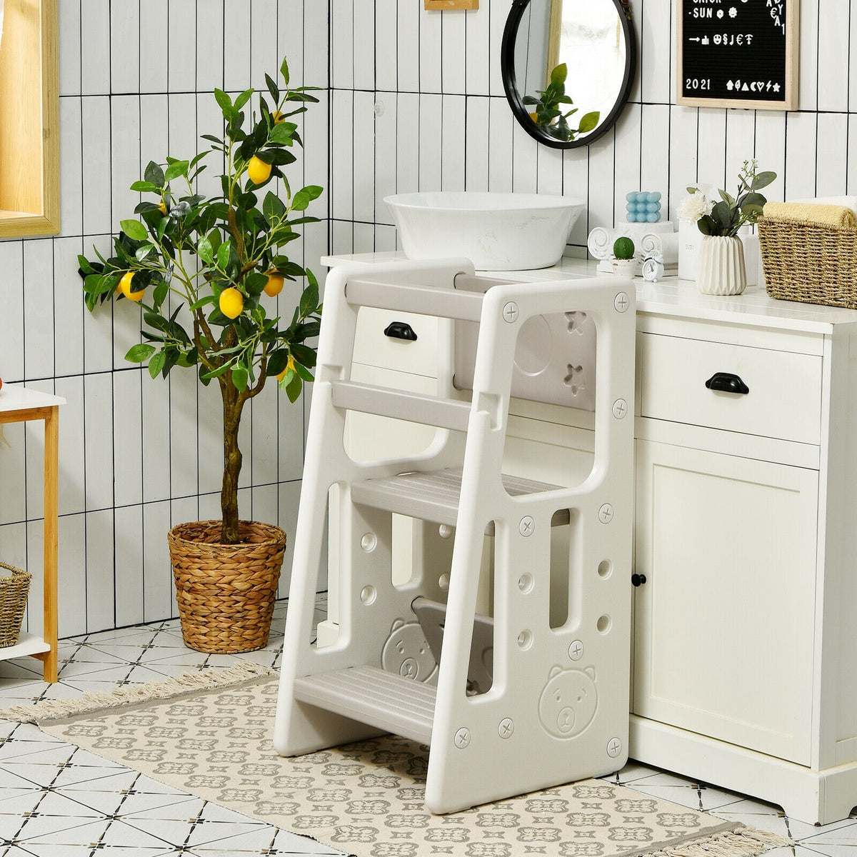 Kids Kitchen Step Stool with Double Safety Rails -Gray-Toddler & Kids Furniture-DECOROLALA
