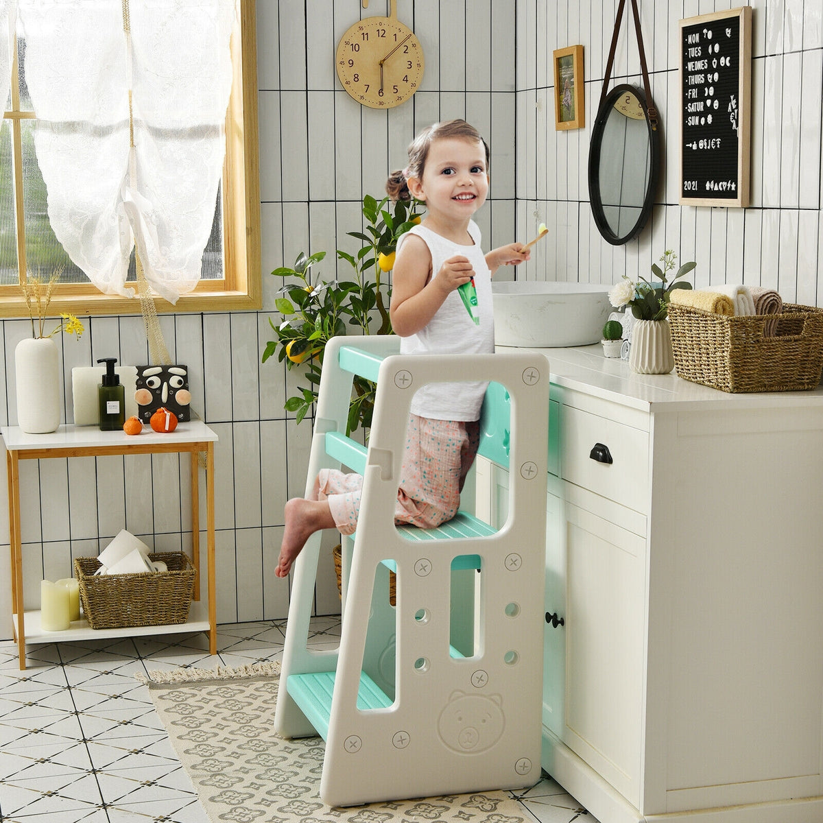 Kids Kitchen Step Stool with Double Safety Rails -Green-Toddler & Kids Furniture-DECOROLALA