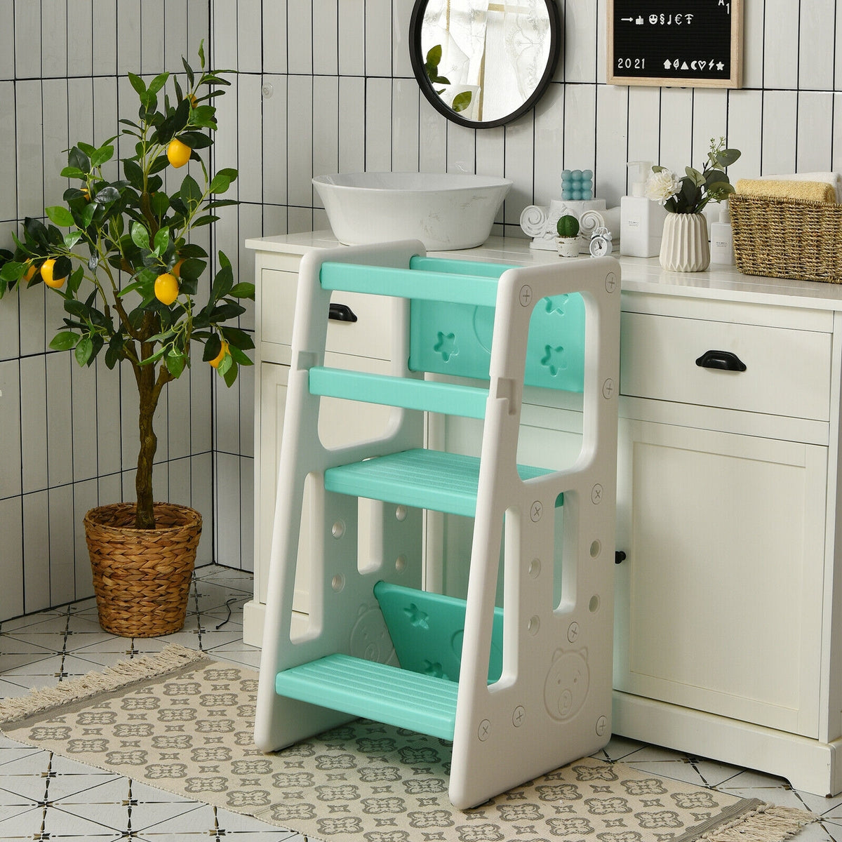 Kids Kitchen Step Stool with Double Safety Rails -Green-Toddler & Kids Furniture-DECOROLALA