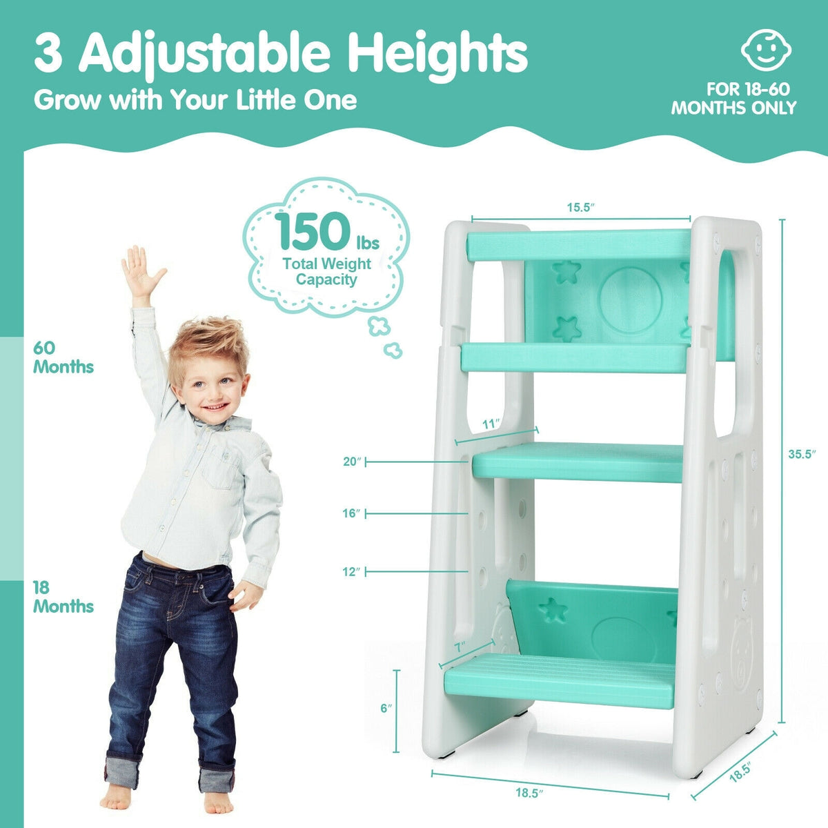 Kids Kitchen Step Stool with Double Safety Rails -Green-Toddler & Kids Furniture-DECOROLALA
