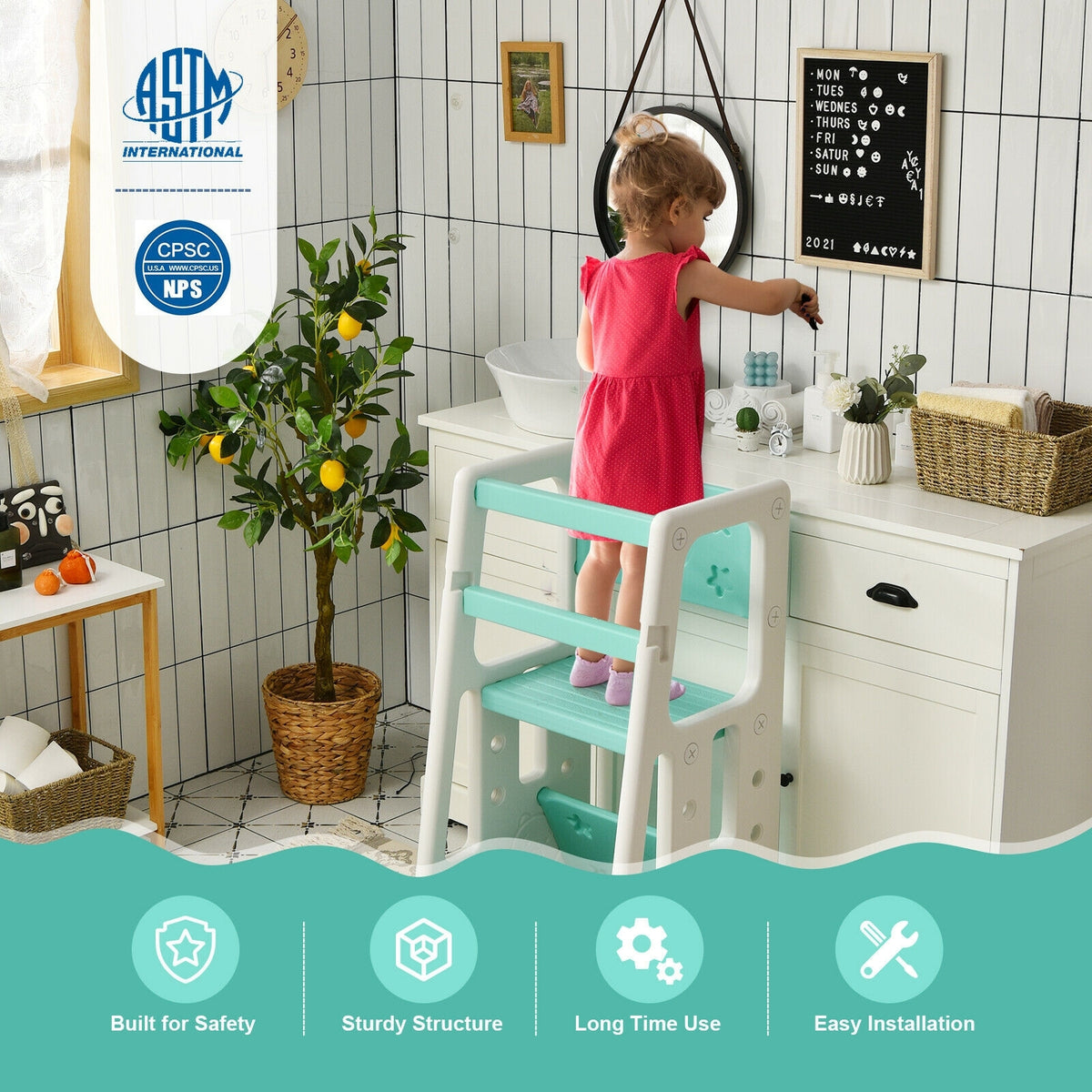 Kids Kitchen Step Stool with Double Safety Rails -Green-Toddler & Kids Furniture-DECOROLALA