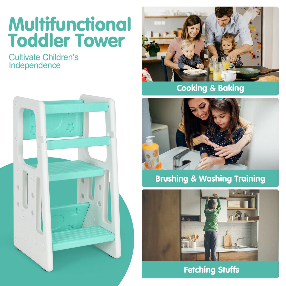 Kids Kitchen Step Stool with Double Safety Rails -Green-Toddler & Kids Furniture-DECOROLALA