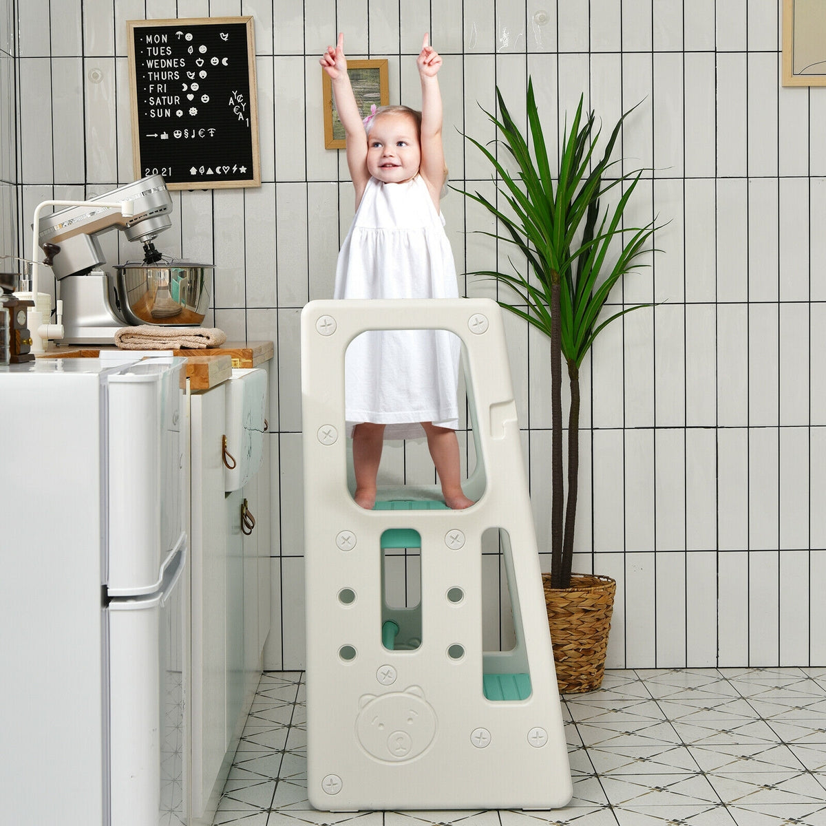 Kids Kitchen Step Stool with Double Safety Rails -Green-Toddler & Kids Furniture-DECOROLALA