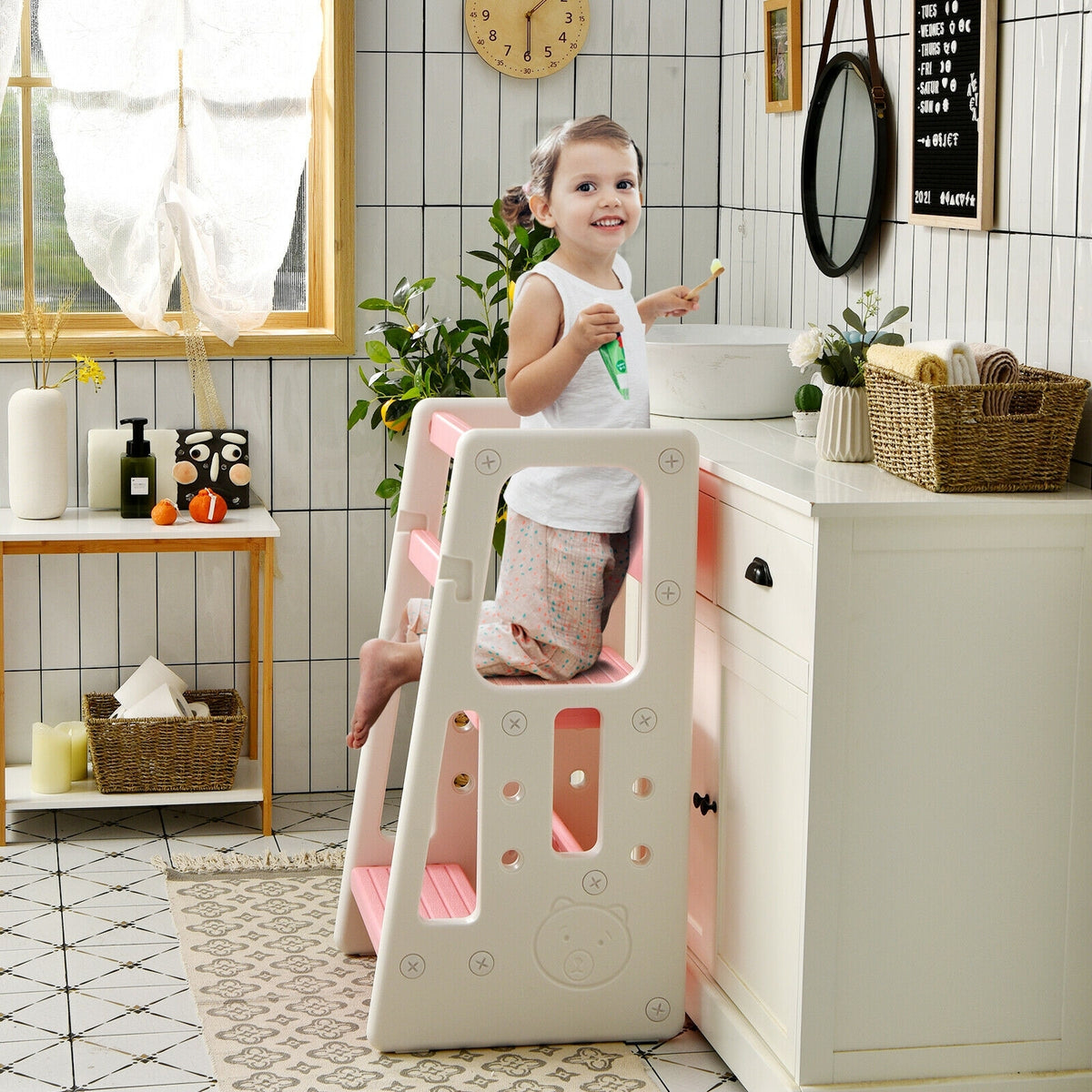 Kids Kitchen Step Stool with Double Safety Rails -Pink-Toddler & Kids Furniture-DECOROLALA