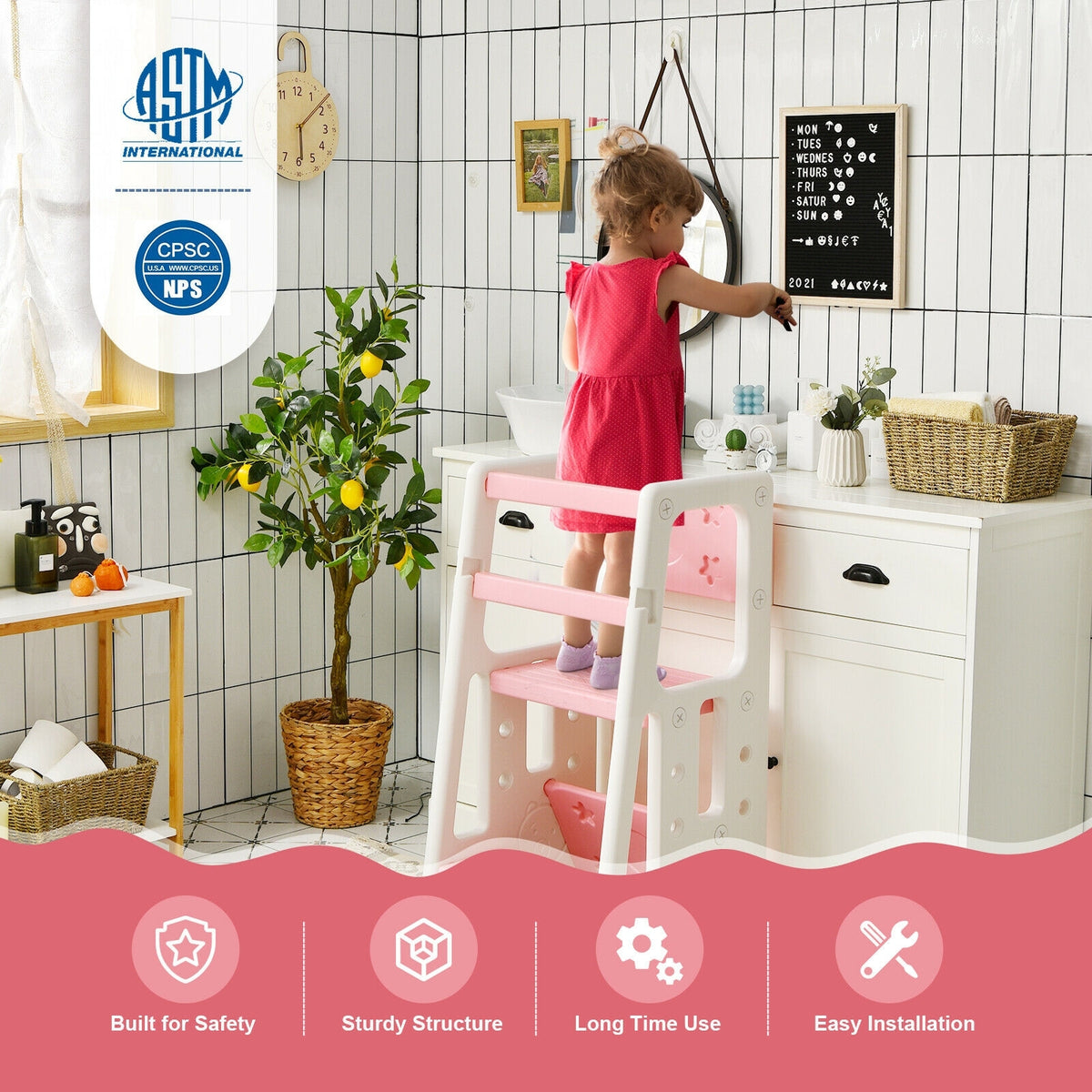Kids Kitchen Step Stool with Double Safety Rails -Pink-Toddler & Kids Furniture-DECOROLALA
