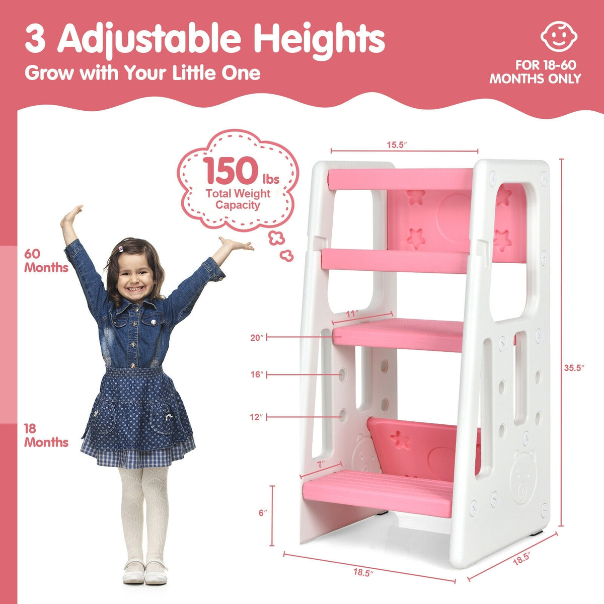 Kids Kitchen Step Stool with Double Safety Rails -Pink-Toddler & Kids Furniture-DECOROLALA