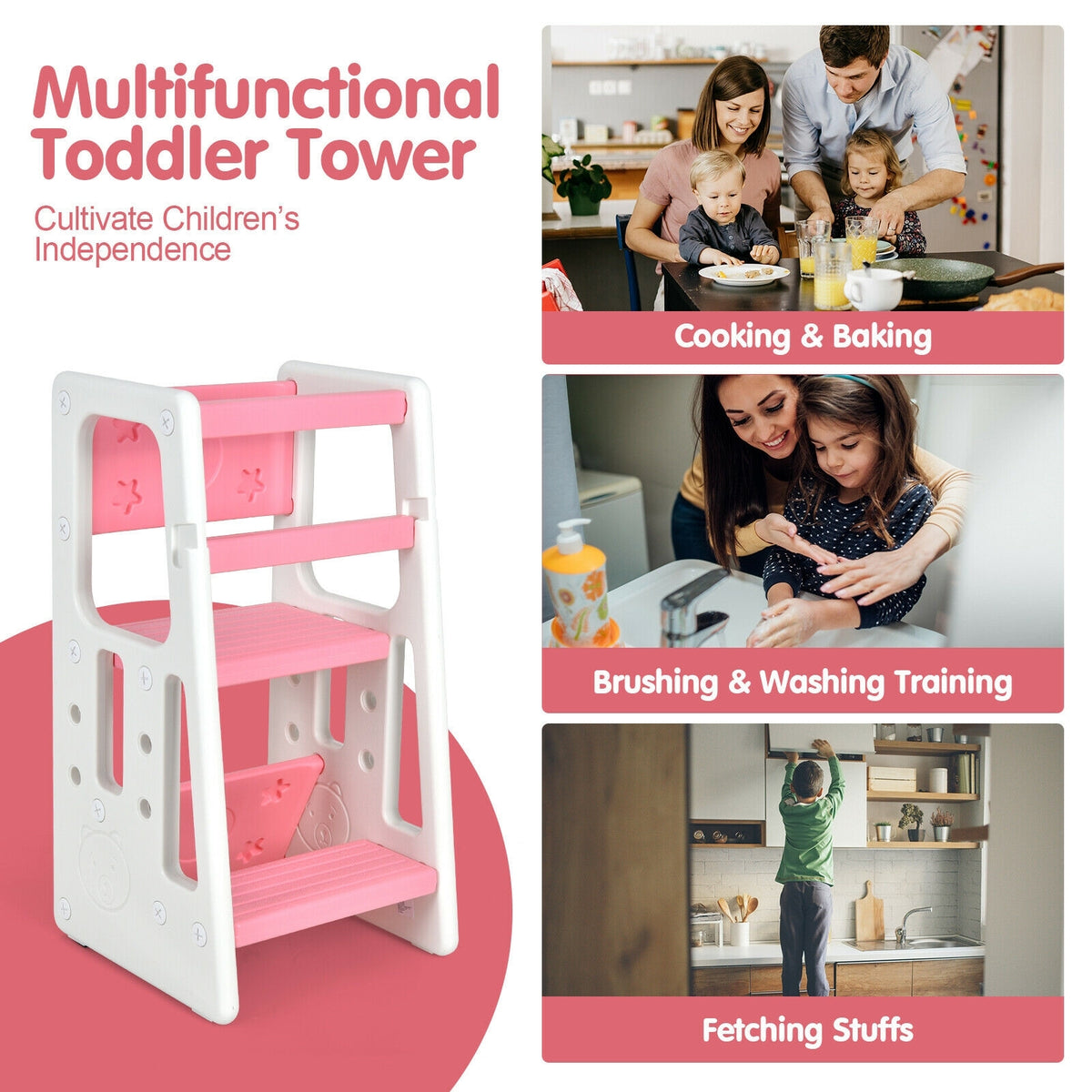 Kids Kitchen Step Stool with Double Safety Rails -Pink-Toddler & Kids Furniture-DECOROLALA