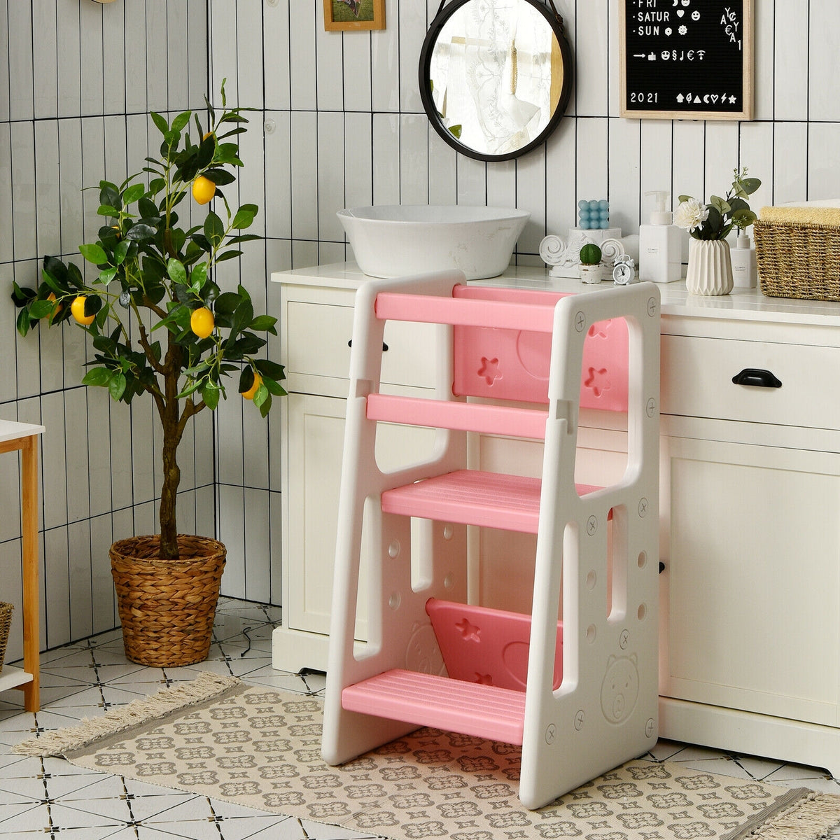 Kids Kitchen Step Stool with Double Safety Rails -Pink-Toddler & Kids Furniture-DECOROLALA