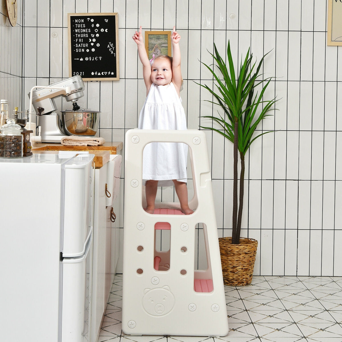 Kids Kitchen Step Stool with Double Safety Rails -Pink-Toddler & Kids Furniture-DECOROLALA