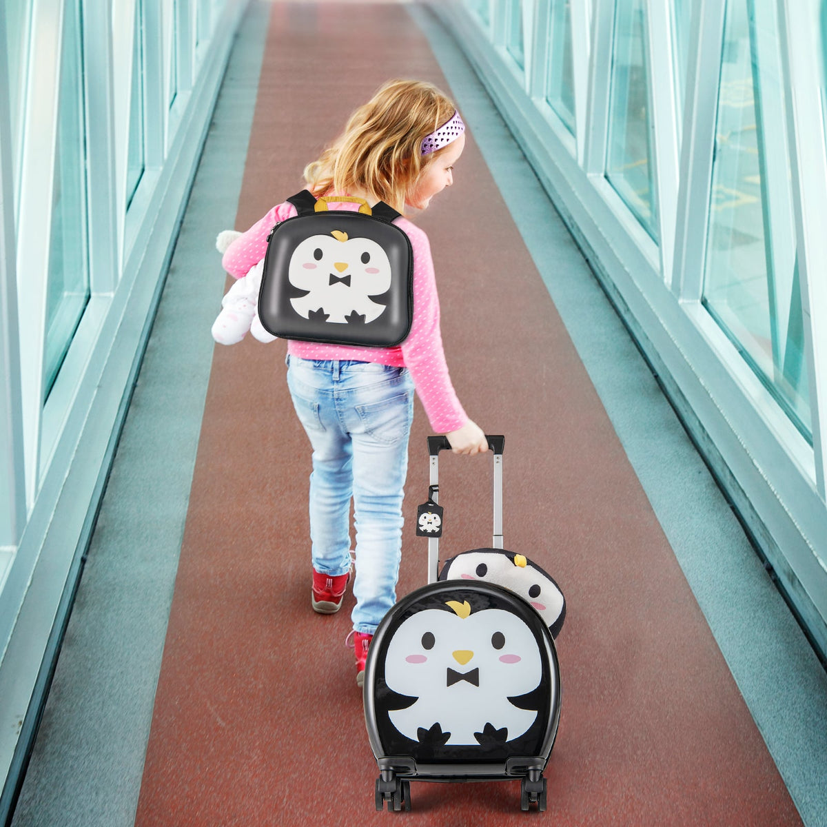 Kids Luggage Set with 14 Inches Carry-on Hardside Spinner Toddler Luggage and 10 Inches Backpack-Black-Kids Suitcases-DECOROLALA