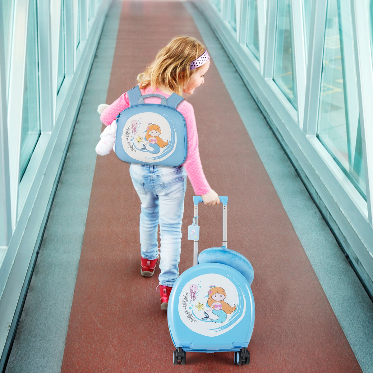 Kids Luggage Set with 14 Inches Carry-on Hardside Spinner Toddler Luggage and 10 Inches Backpack-Blue-Kids Suitcases-DECOROLALA