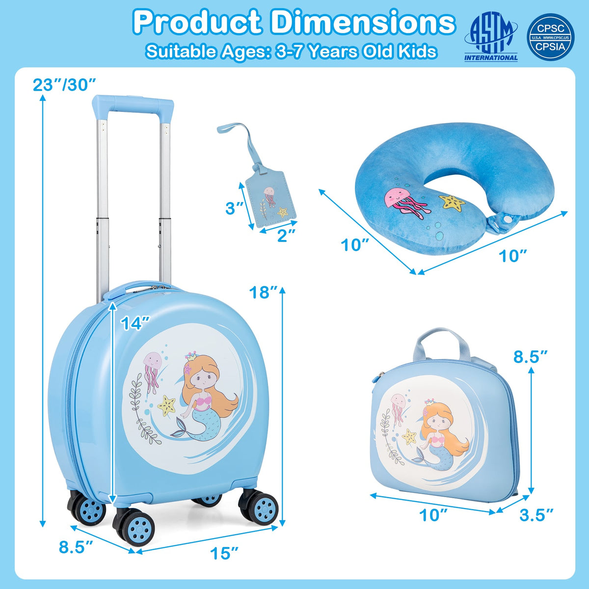 Kids Luggage Set with 14 Inches Carry-on Hardside Spinner Toddler Luggage and 10 Inches Backpack-Blue-Kids Suitcases-DECOROLALA