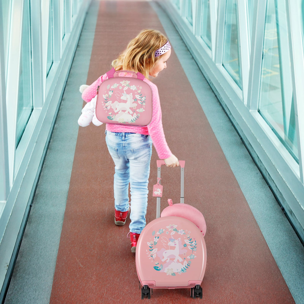 Kids Luggage Set with 14 Inches Carry-on Hardside Spinner Toddler Luggage and 10 Inches Backpack-Pink-Kids Suitcases-DECOROLALA