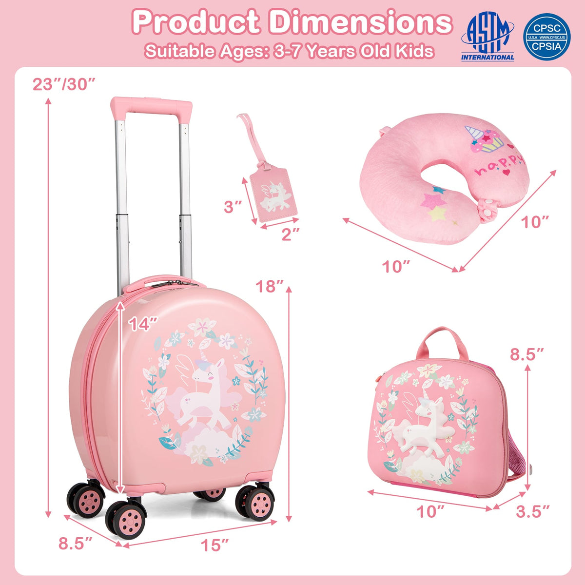 Kids Luggage Set with 14 Inches Carry-on Hardside Spinner Toddler Luggage and 10 Inches Backpack-Pink-Kids Suitcases-DECOROLALA