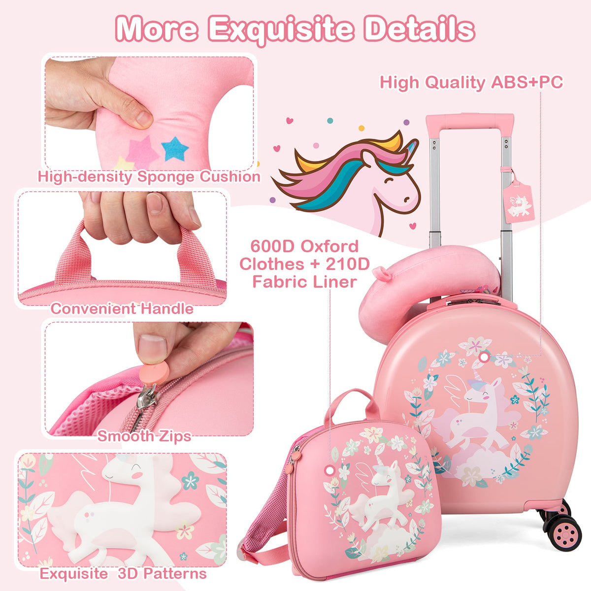 Kids Luggage Set with 14 Inches Carry-on Hardside Spinner Toddler Luggage and 10 Inches Backpack-Pink-Kids Suitcases-DECOROLALA
