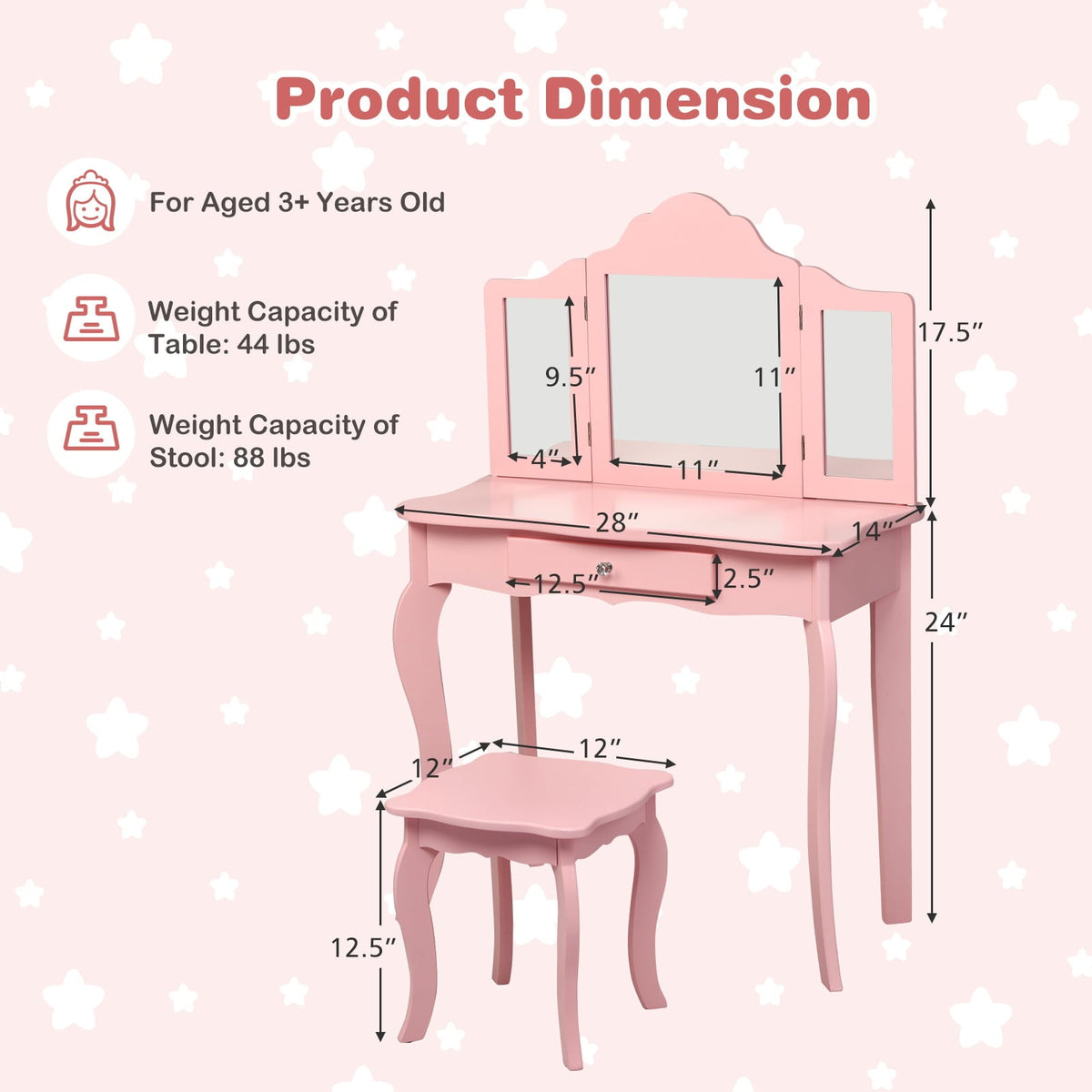 Kids Makeup Dressing Mirror Vanity Table Stool Set-Pink-Kids Makeup Vanities-DECOROLALA