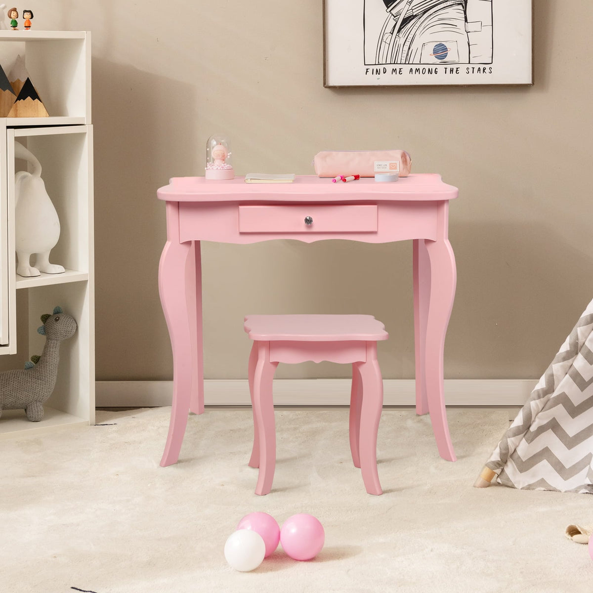 Kids Makeup Dressing Mirror Vanity Table Stool Set-Pink-Kids Makeup Vanities-DECOROLALA