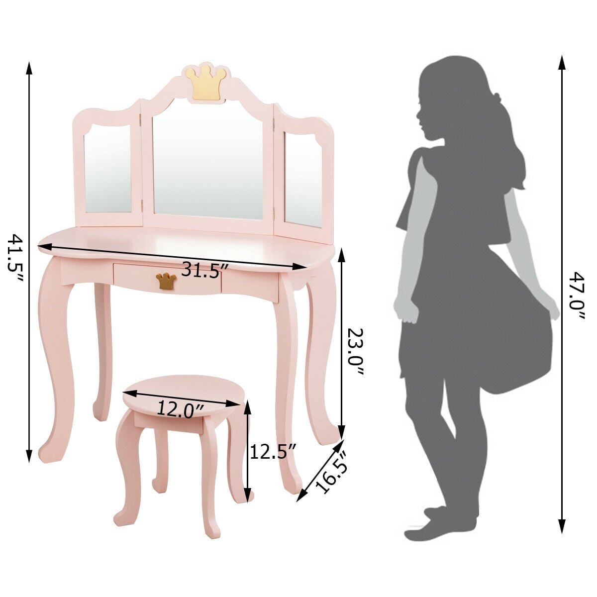 Kids Makeup Dressing Table with Tri-folding Mirror and Stool-Pink-Kids Makeup Vanities-DECOROLALA