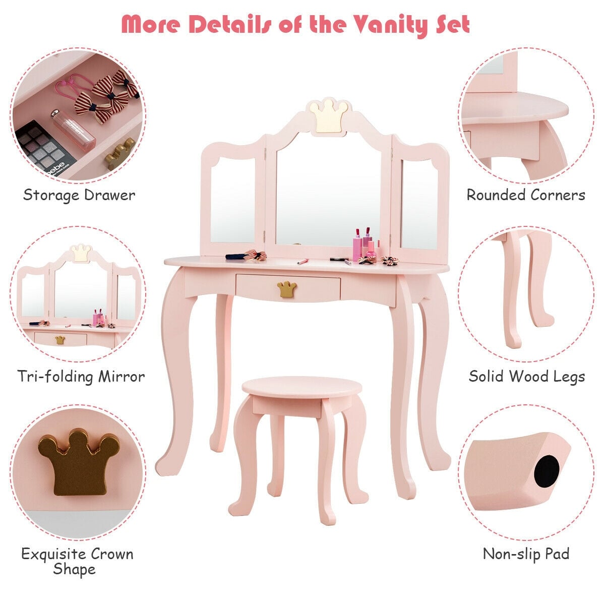 Kids Makeup Dressing Table with Tri-folding Mirror and Stool-Pink-Kids Makeup Vanities-DECOROLALA