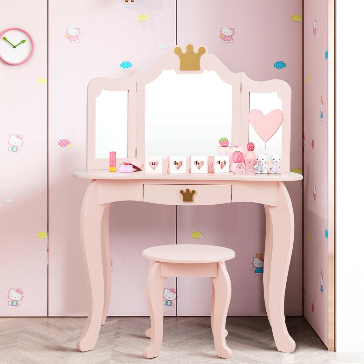 Kids Makeup Dressing Table with Tri-folding Mirror and Stool-Pink-Kids Vanities-DECOROLALA