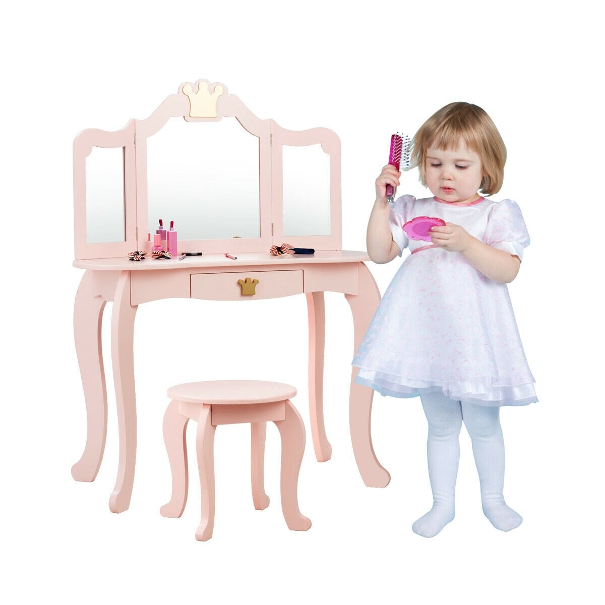 Kids Makeup Dressing Table with Tri-folding Mirror and Stool-Pink-Kids Vanities-DECOROLALA