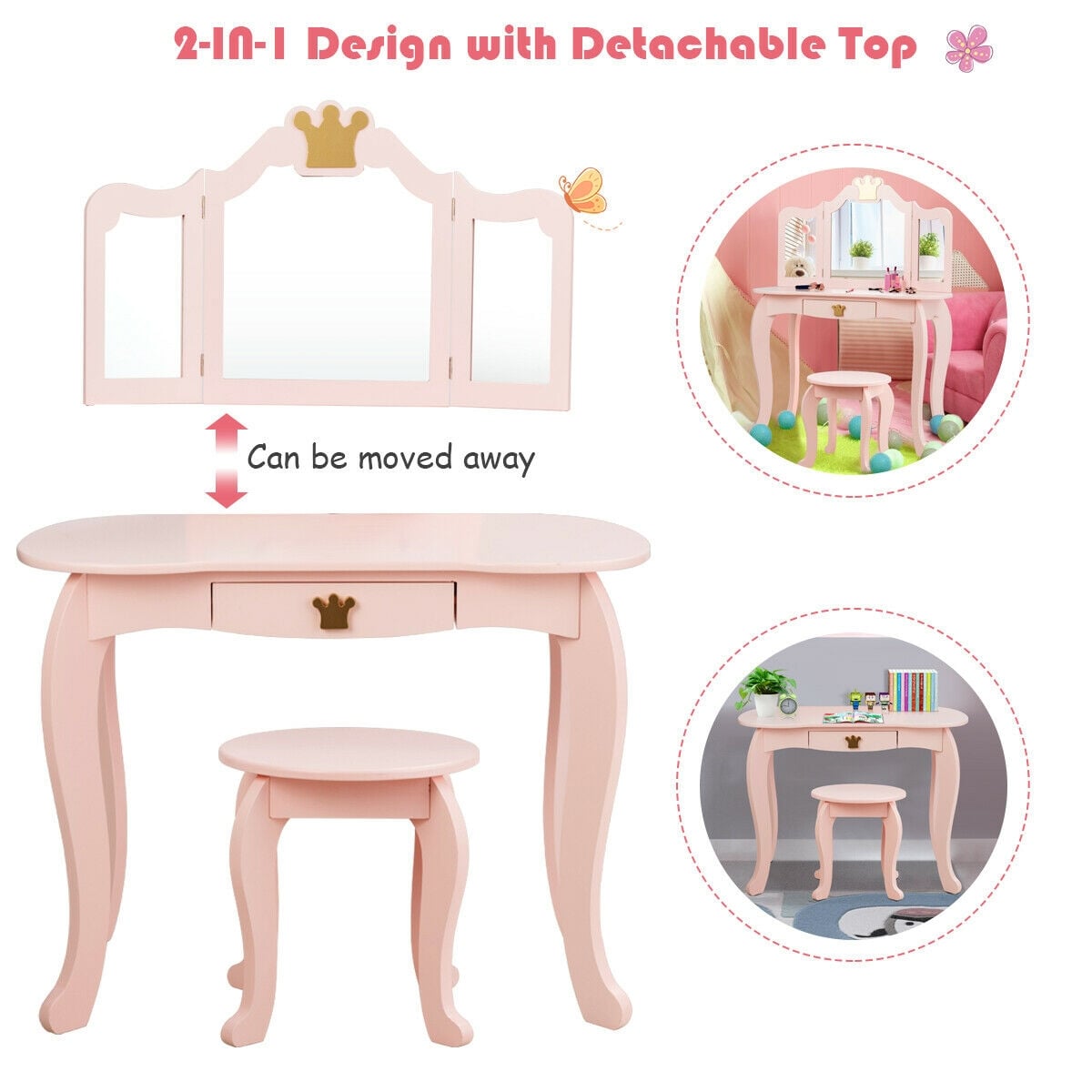 Kids Makeup Dressing Table with Tri-folding Mirror and Stool-Pink-Kids Vanities-DECOROLALA