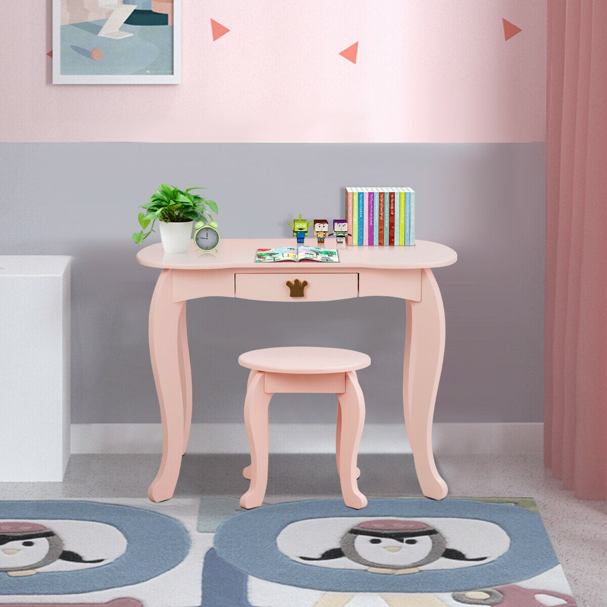 Kids Makeup Dressing Table with Tri-folding Mirror and Stool-Pink-Kids Vanities-DECOROLALA
