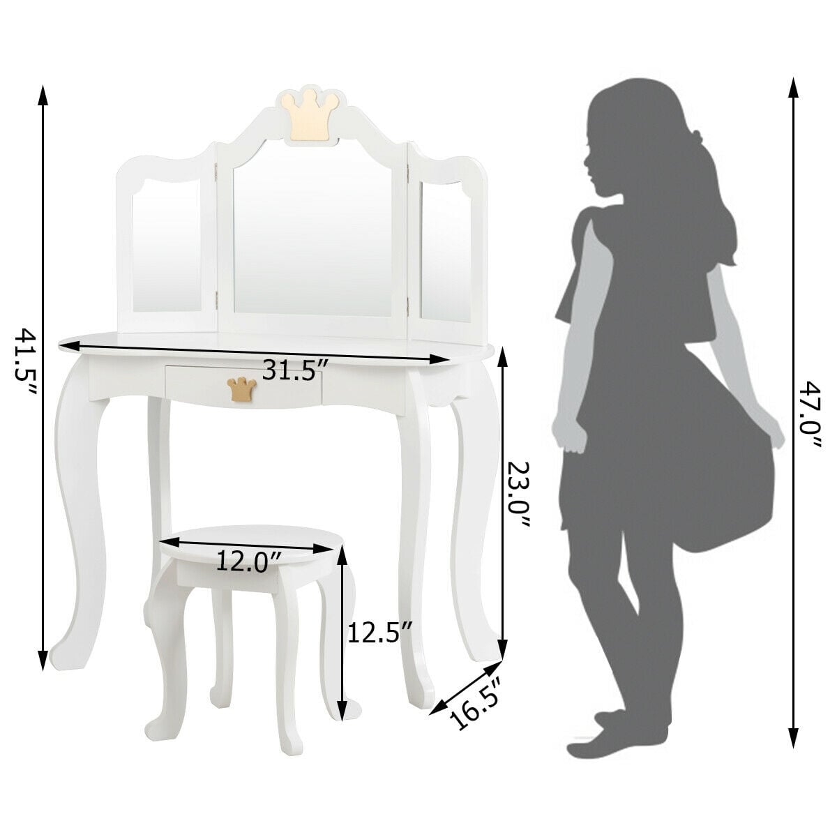 Kids Makeup Dressing Table with Tri-folding Mirror and Stool-White-Kids Makeup Vanities-DECOROLALA