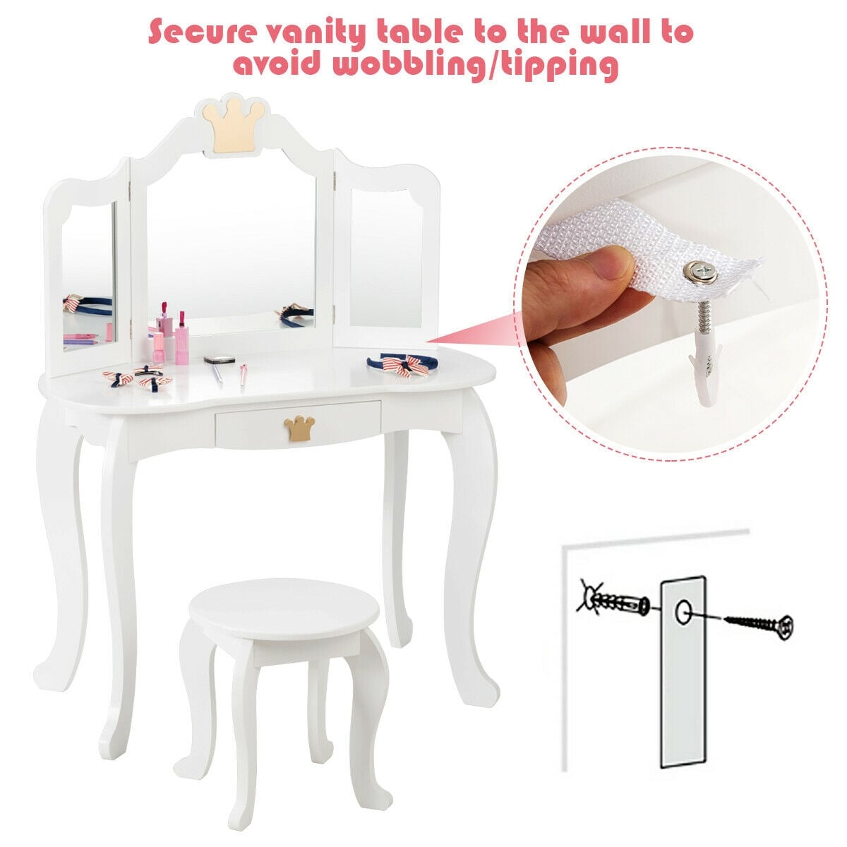 Kids Makeup Dressing Table with Tri-folding Mirror and Stool-White-Kids Makeup Vanities-DECOROLALA