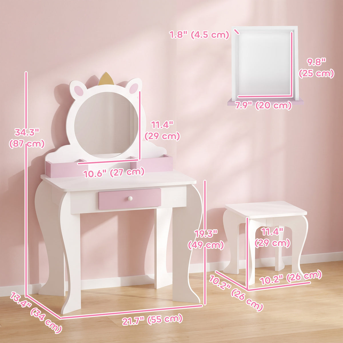 Kids Makeup Vanity Set with Stool and Mirror - Pink Unicorn-Toys & Games > Toddler & Kids Furniture > Kids Bedroom Furniture-DECOROLALA