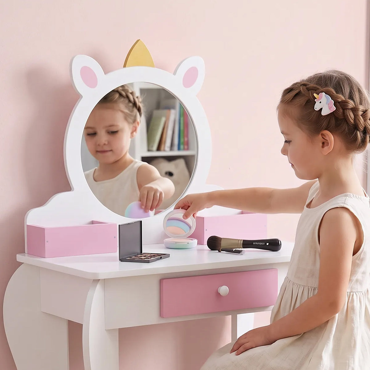 Kids Makeup Vanity Set with Stool and Mirror - Pink Unicorn-Toys & Games > Toddler & Kids Furniture > Kids Bedroom Furniture-DECOROLALA