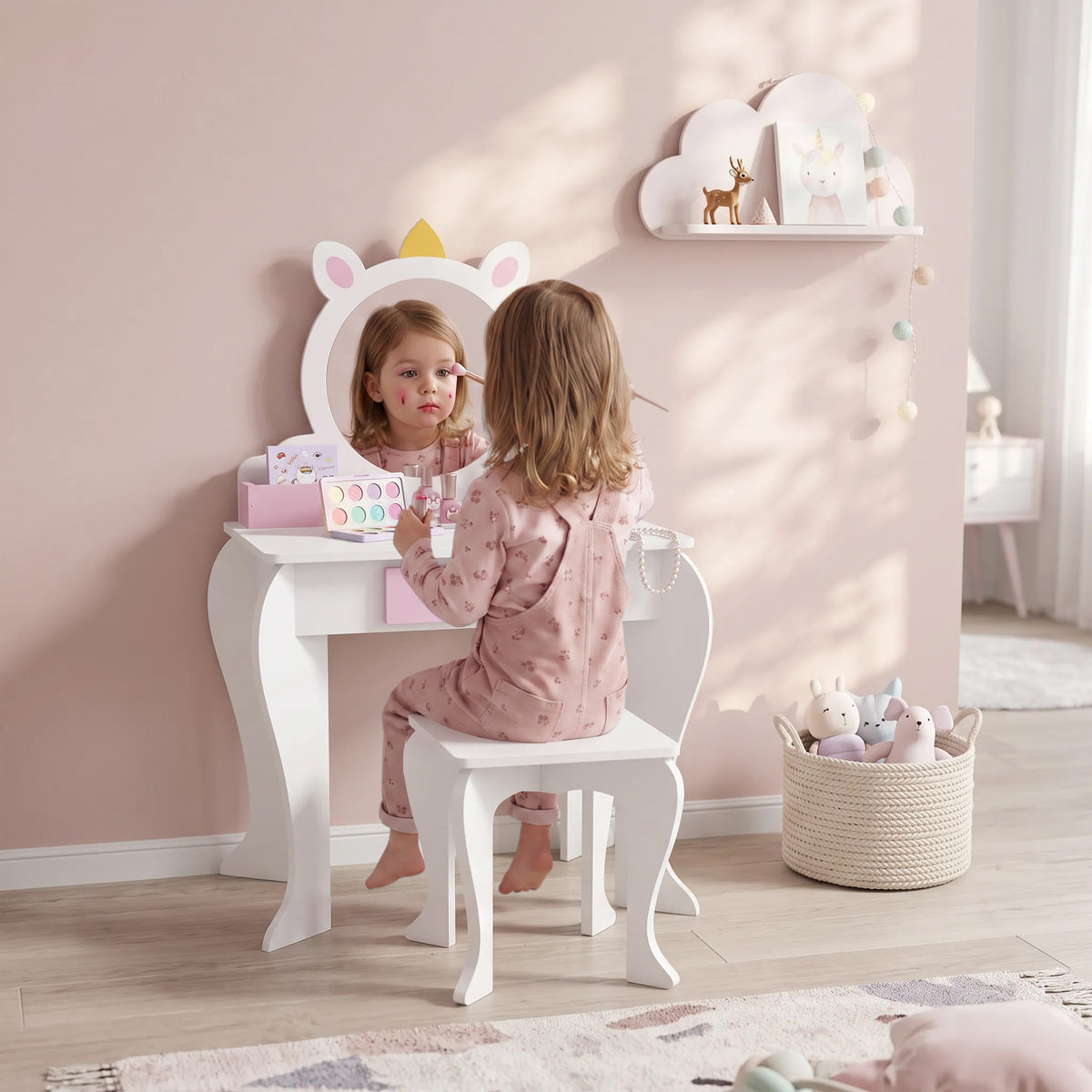 Kids Makeup Vanity Set with Stool and Mirror - Pink Unicorn-Toys & Games > Toddler & Kids Furniture > Kids Bedroom Furniture-DECOROLALA