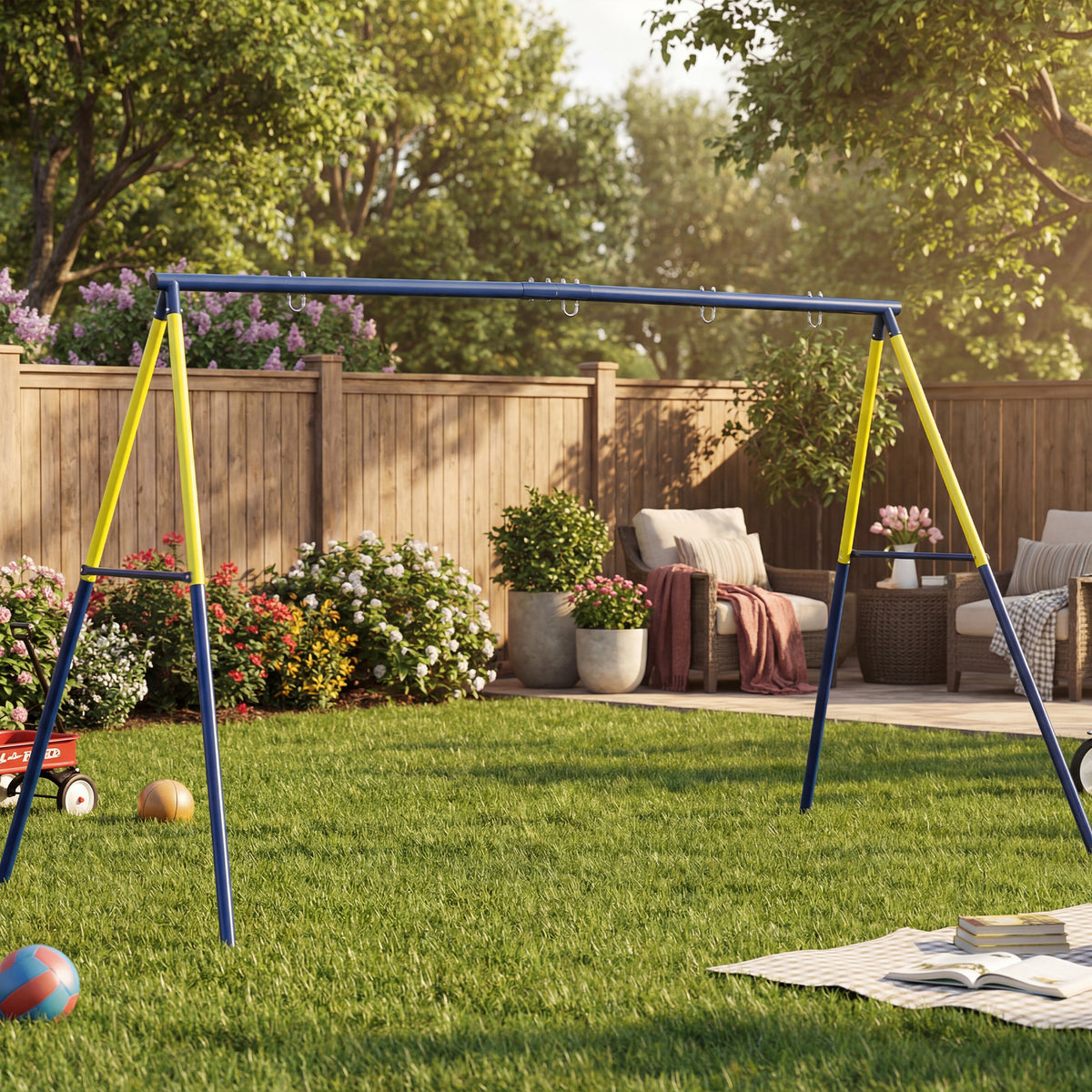 Kids Swing Set, Heavy Duty Metal 2 Seat Swing Stand Set with Ground Stakes, Supports 150 kg, Indoor Outdoor, Blue-Toys & Games > Kids Outdoor Play > Gym Sets & Swings-DECOROLALA