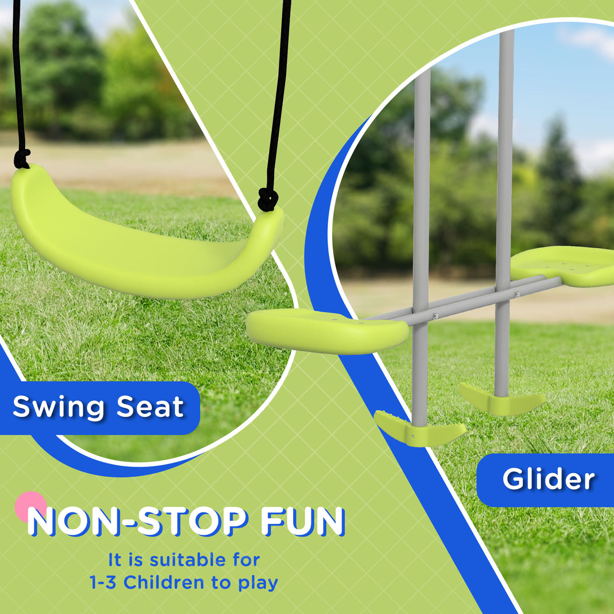 Swing Set for Kids, Heavy Duty A-Frame Metal Swing Frame with Glider, Swing Seat, Ground Stakes for Backyard, Green-Toys & Games > Kids Outdoor Play > Gym Sets & Swings-DECOROLALA