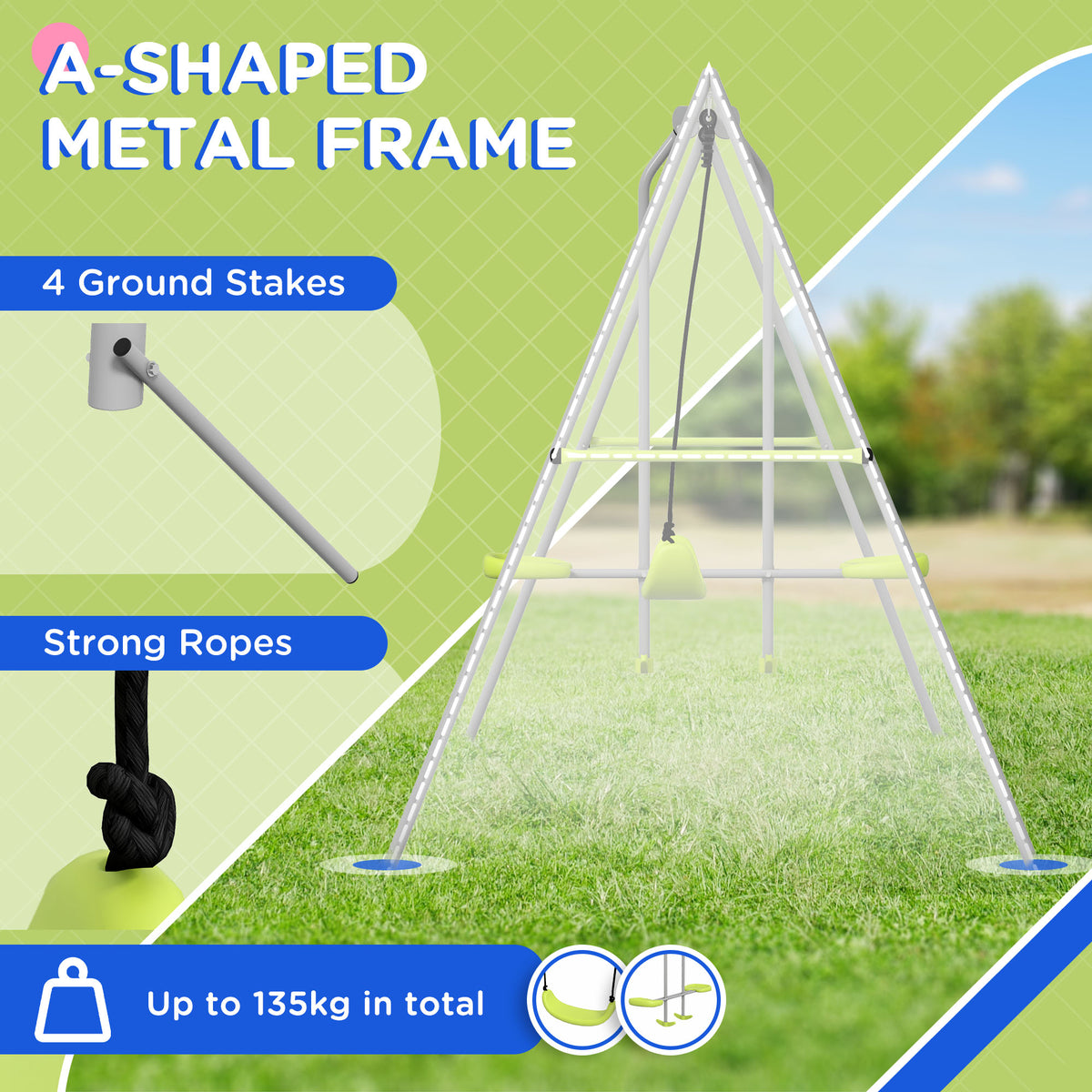 Swing Set for Kids, Heavy Duty A-Frame Metal Swing Frame with Glider, Swing Seat, Ground Stakes for Backyard, Green-Toys & Games > Kids Outdoor Play > Gym Sets & Swings-DECOROLALA