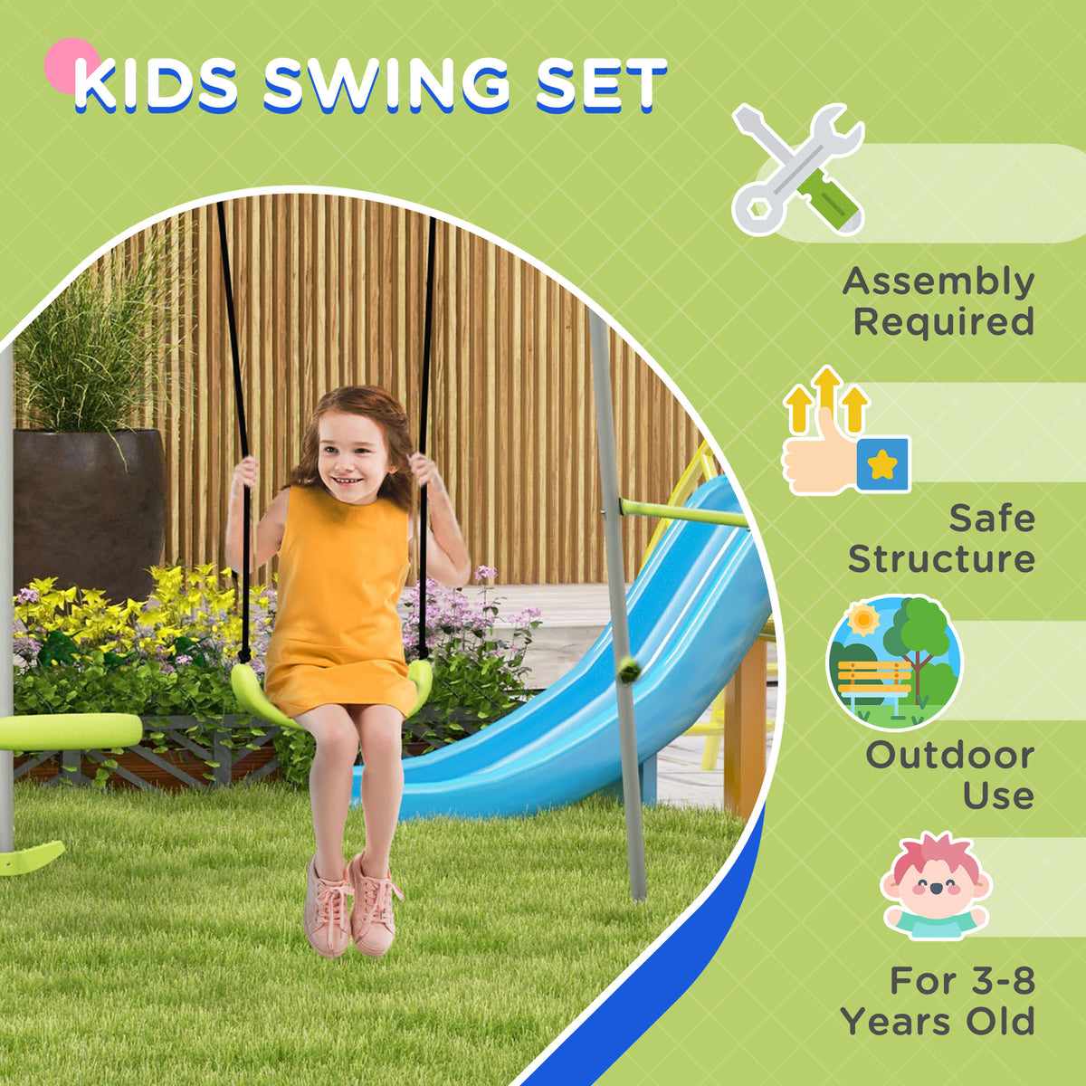 Swing Set for Kids, Heavy Duty A-Frame Metal Swing Frame with Glider, Swing Seat, Ground Stakes for Backyard, Green-Toys & Games > Kids Outdoor Play > Gym Sets & Swings-DECOROLALA