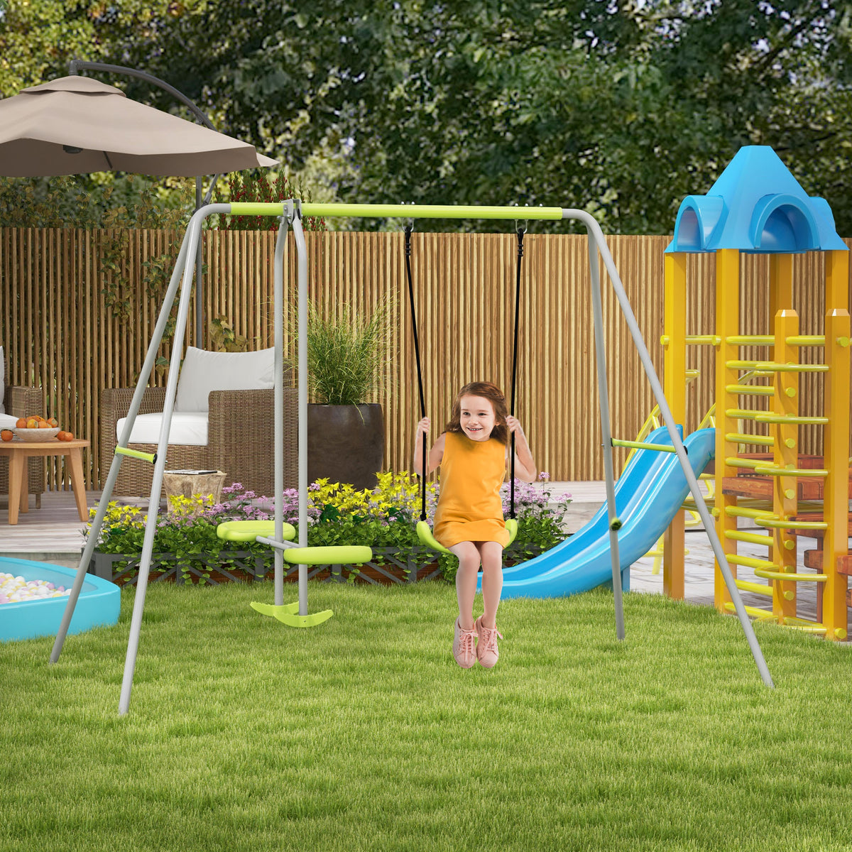 Swing Set for Kids, Heavy Duty A-Frame Metal Swing Frame with Glider, Swing Seat, Ground Stakes for Backyard, Green-Toys & Games > Kids Outdoor Play > Gym Sets & Swings-DECOROLALA
