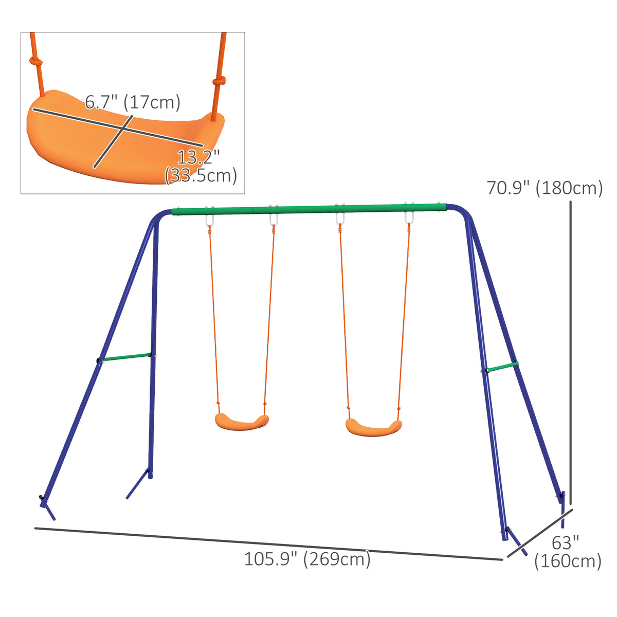 Kids Swing Set Outdoor Metal Swing Frame with Double Swing Seats for 1-2 Children Aged 3-8 Years Old-Toys & Games > Kids Outdoor Play > Gym Sets & Swings-DECOROLALA