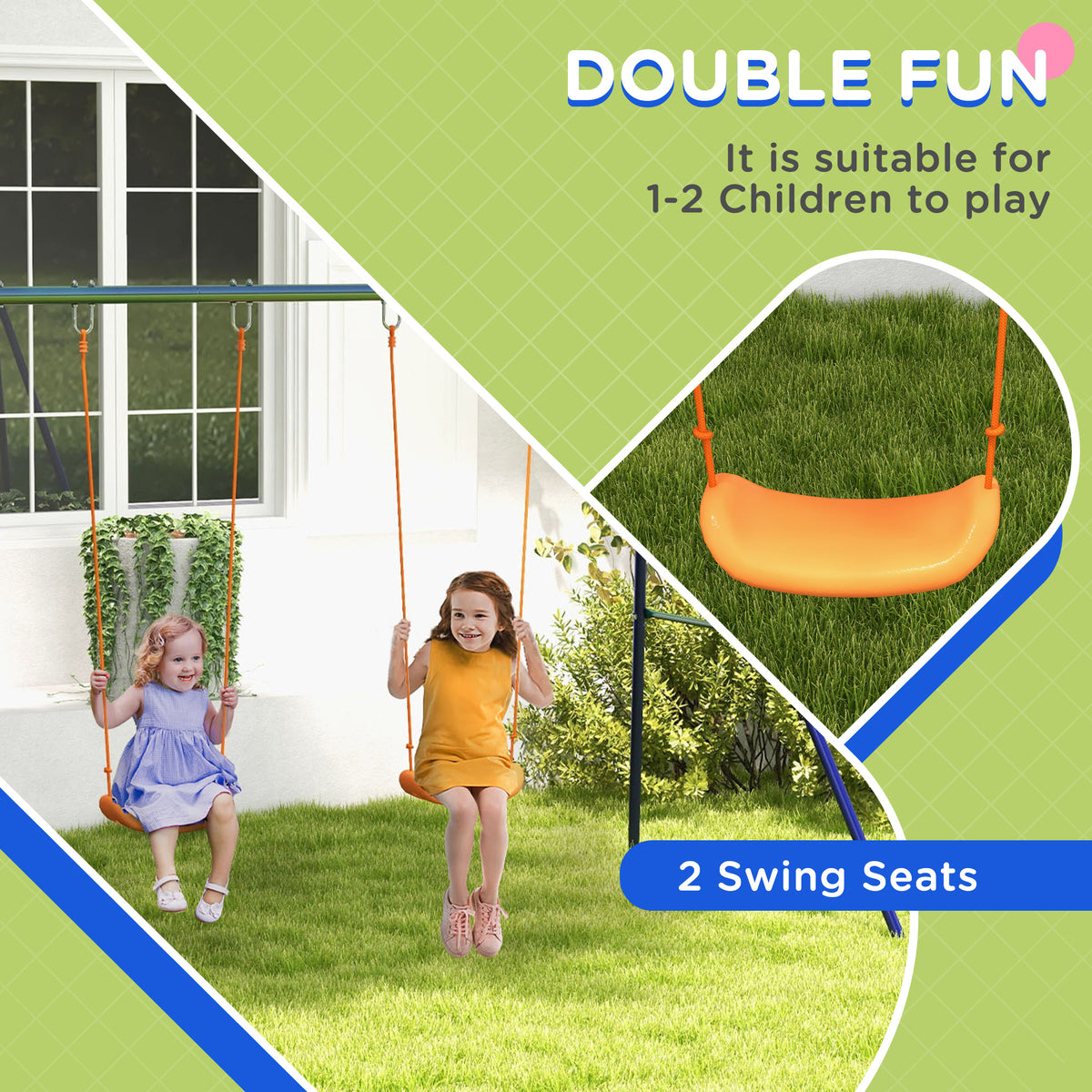 Kids Swing Set Outdoor Metal Swing Frame with Double Swing Seats for 1-2 Children Aged 3-8 Years Old-Toys & Games > Kids Outdoor Play > Gym Sets & Swings-DECOROLALA