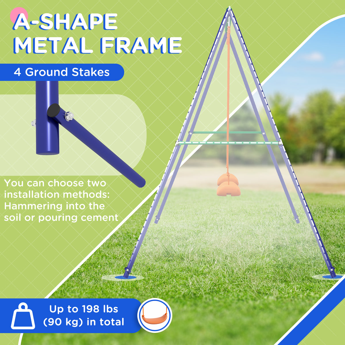 Kids Swing Set Outdoor Metal Swing Frame with Double Swing Seats for 1-2 Children Aged 3-8 Years Old-Toys & Games > Kids Outdoor Play > Gym Sets & Swings-DECOROLALA