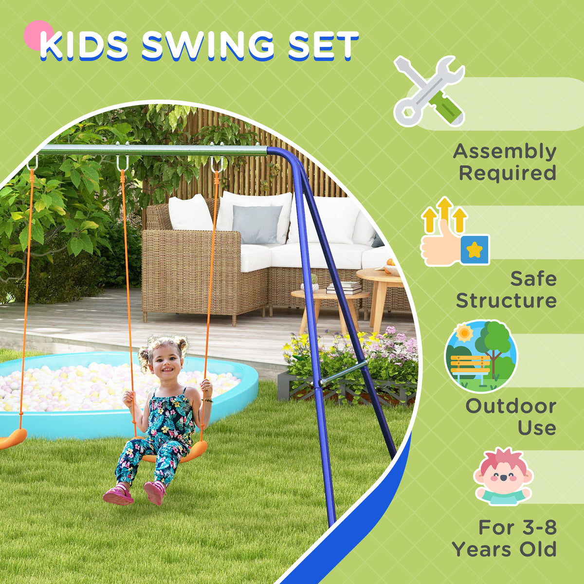 Kids Swing Set Outdoor Metal Swing Frame with Double Swing Seats for 1-2 Children Aged 3-8 Years Old-Toys & Games > Kids Outdoor Play > Gym Sets & Swings-DECOROLALA