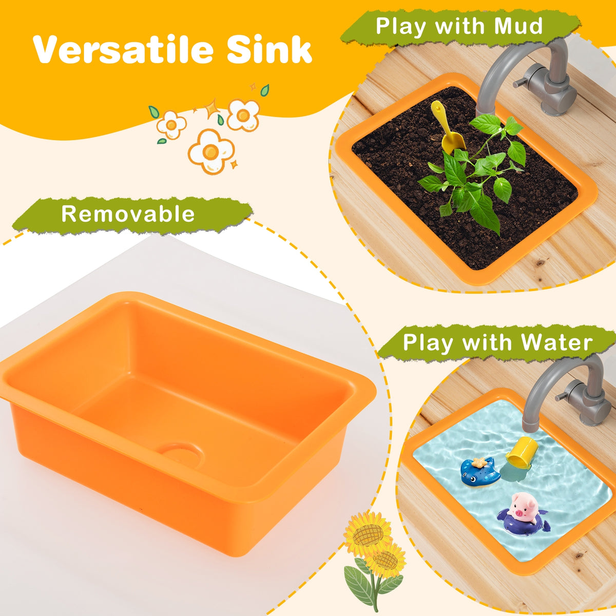 Kids Mud Kitchen Fir Wood Playset with Planting Pots and Blackboards-Natural