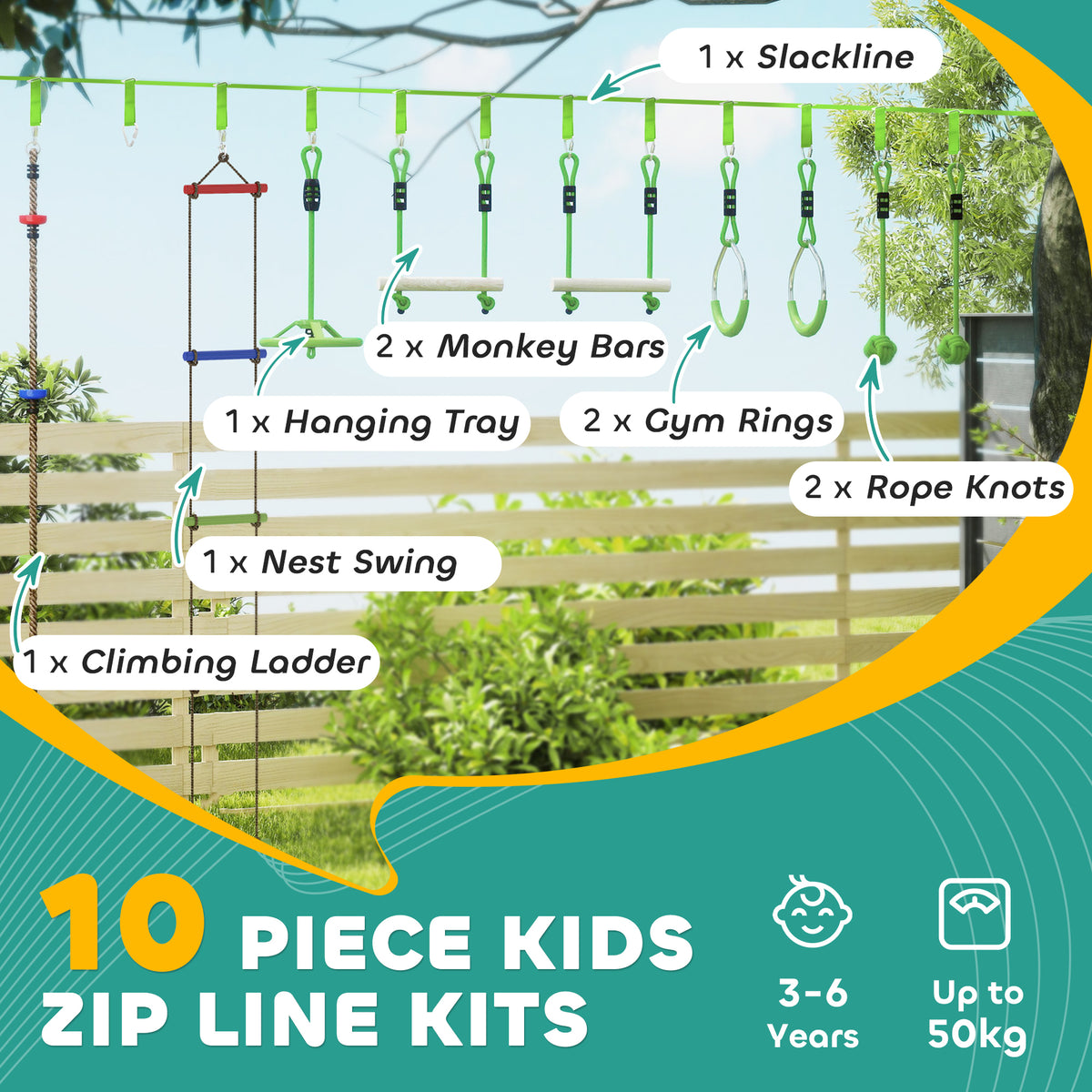 Obstacle course for Kids, with 10-Piece Slackline Kit with Monkey Bars, Gym Rings, Rope Ladder, Nest Swing, Hanging Tray-Toys & Games > Kids Outdoor Play > Gym Sets & Swings-DECOROLALA